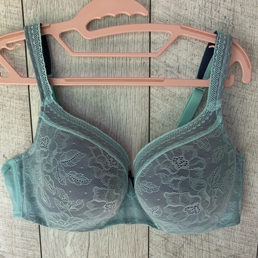 Cacique aqua lace over navy blue balconette bra